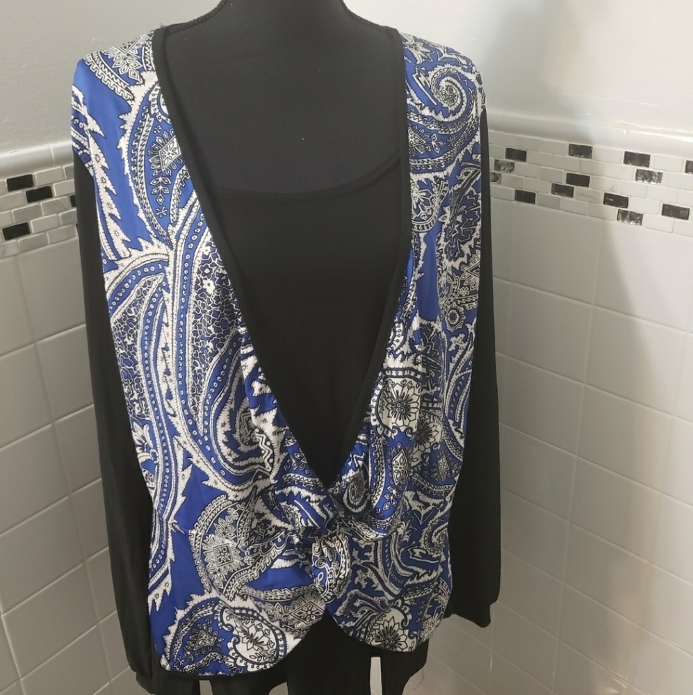 Ashley Stewart Paisley Print Top Size 2X 18/20 Blue Black White NWOT